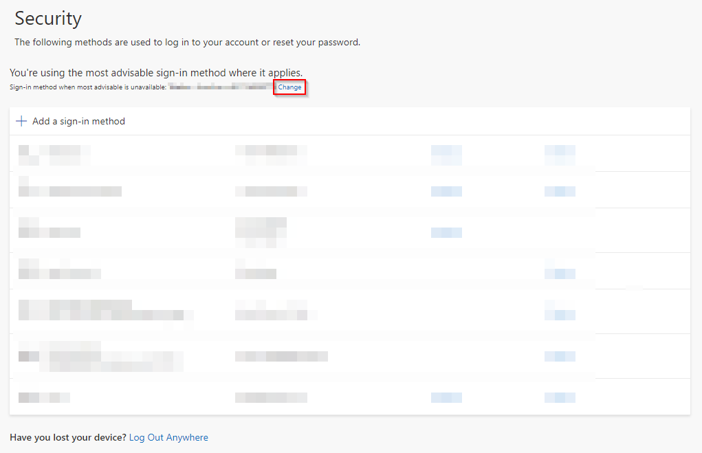 Microsoft security information with the Change option highlighted